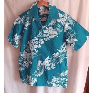 Vtg Malihini Hawaii Shirt M Hawaiian Designer Blue White Hibiscus New w/o Tags